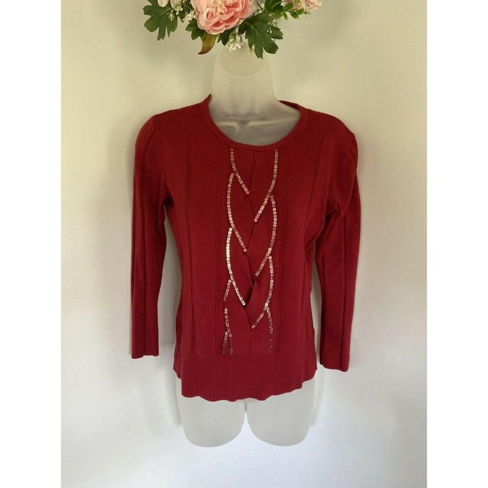 Apostrophe Red Sequined‎ Cable Sweater Size Small